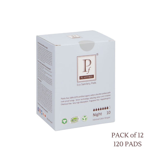 PLASTFREE 100% Organic Cotton Sanitary Pads Night (Pack of 12-120 Pads) MULTIPACK OFFER  Save £6