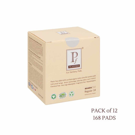 PLASTFREE 100% Organic Cotton Sanitary Pads- Regular (Pack of 12-168 Pads) MULTIBUY OFFER Save £6